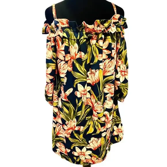Blu Pepper Cold Shoulder Floral Dress Size M Tropical Off Shoulder Dress - Picture 7 of 17